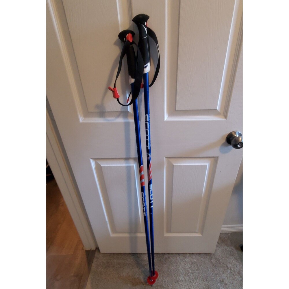 SCOTT Downhill Ski Poles Pair Blue w/ Wrist Straps, Standard Red Baskets 51"